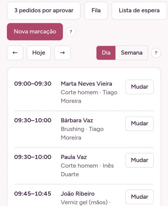 Agenda do dia de um negócio de demonstração, com as marcações de vários profissionais.