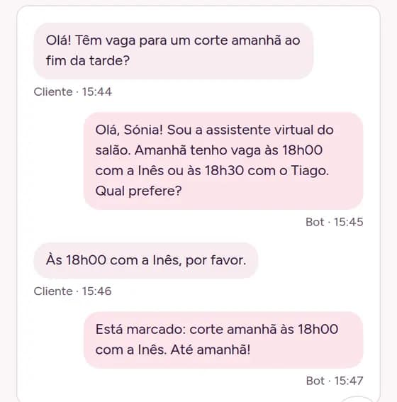 Conversa de WhatsApp numa conta de demonstração: a cliente pede um corte e a Marcela marca-o.